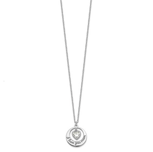 925 Sterling Silver Rhodium "I Love You Mom" CZ Heart Dangle Necklace — 15"+2" Extension