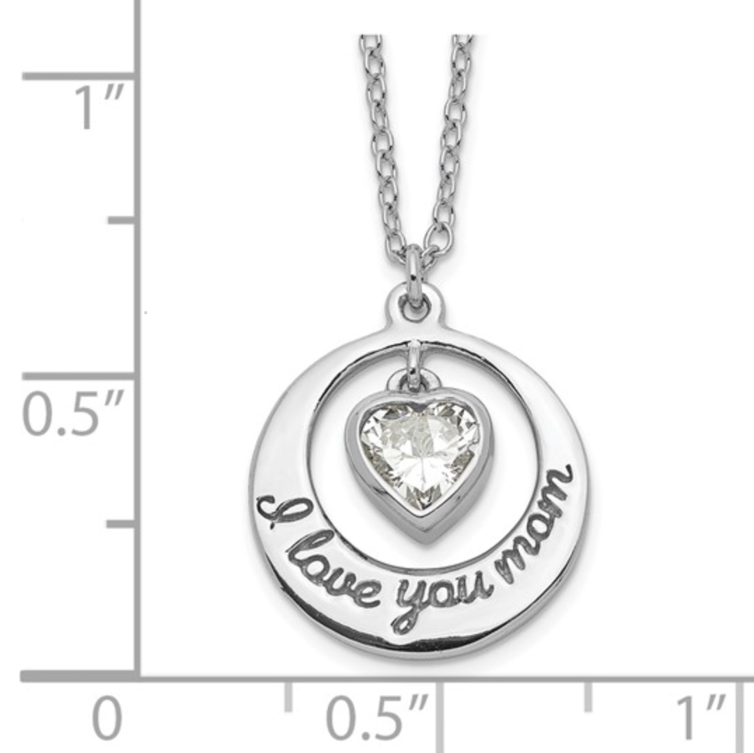 925 Sterling Silver Rhodium "I Love You Mom" CZ Heart Dangle Necklace — 15"+2" Extension