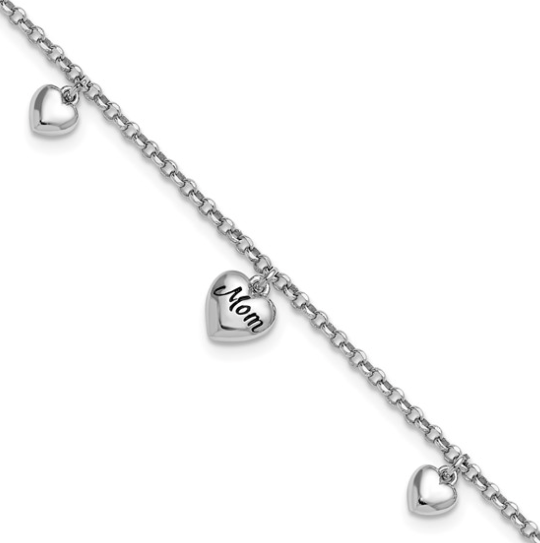 925 Sterling Silver Rhodium Black Enamel "Mom" Puffed Heart Charm Bracelet — 6.5"+0.75" Extension