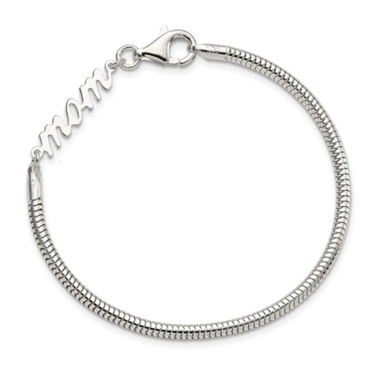 925 Sterling Silver Cursive "mom" Snake Chain Bracelet — 7.5 Inches