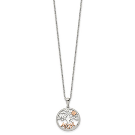 Stainless Steel Rose Gold IP "MOM" Tree of Life Pendant Necklace — 20"+2" Extension