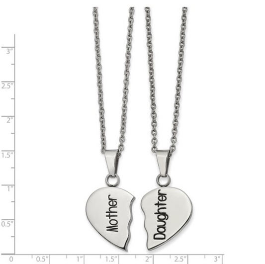 Stainless Steel Polished Enamel "Mother & Daughter" Split Heart Necklace Set — 2 Pieces