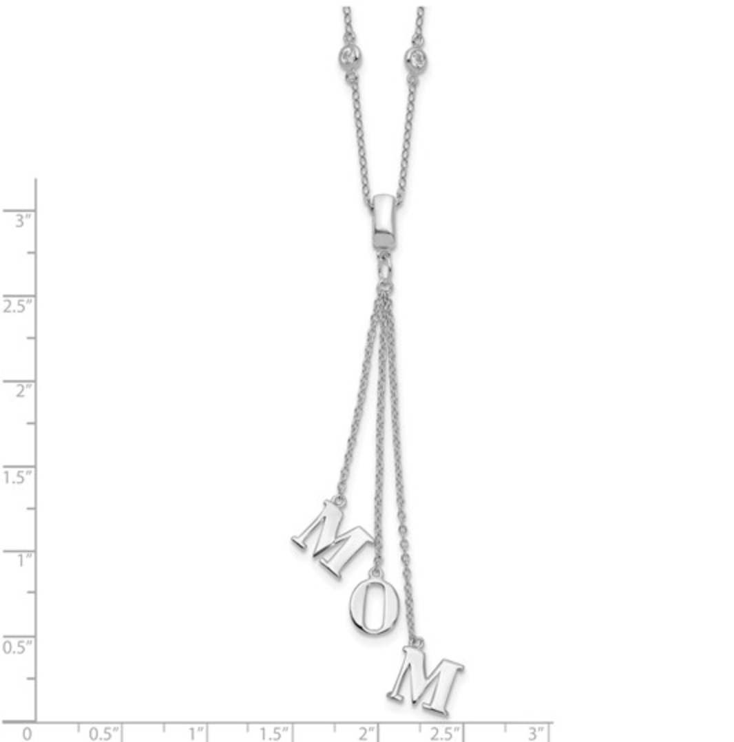 925 Sterling Silver Rhodium CZ "MOM" Dangle Letter Y-Necklace — 18"+2" Extension