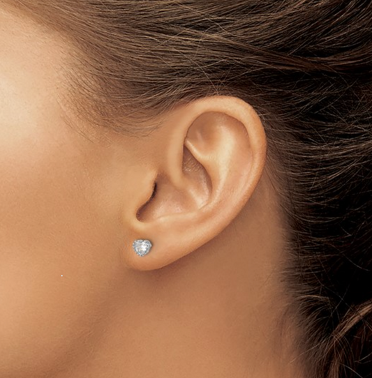 925 Sterling Silver Rhodium Polished CZ Heart Stud Earrings