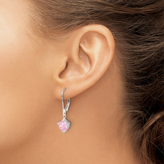 925 Sterling Silver Polished Pink CZ Heart Leverback Dangle Earrings — 28mm