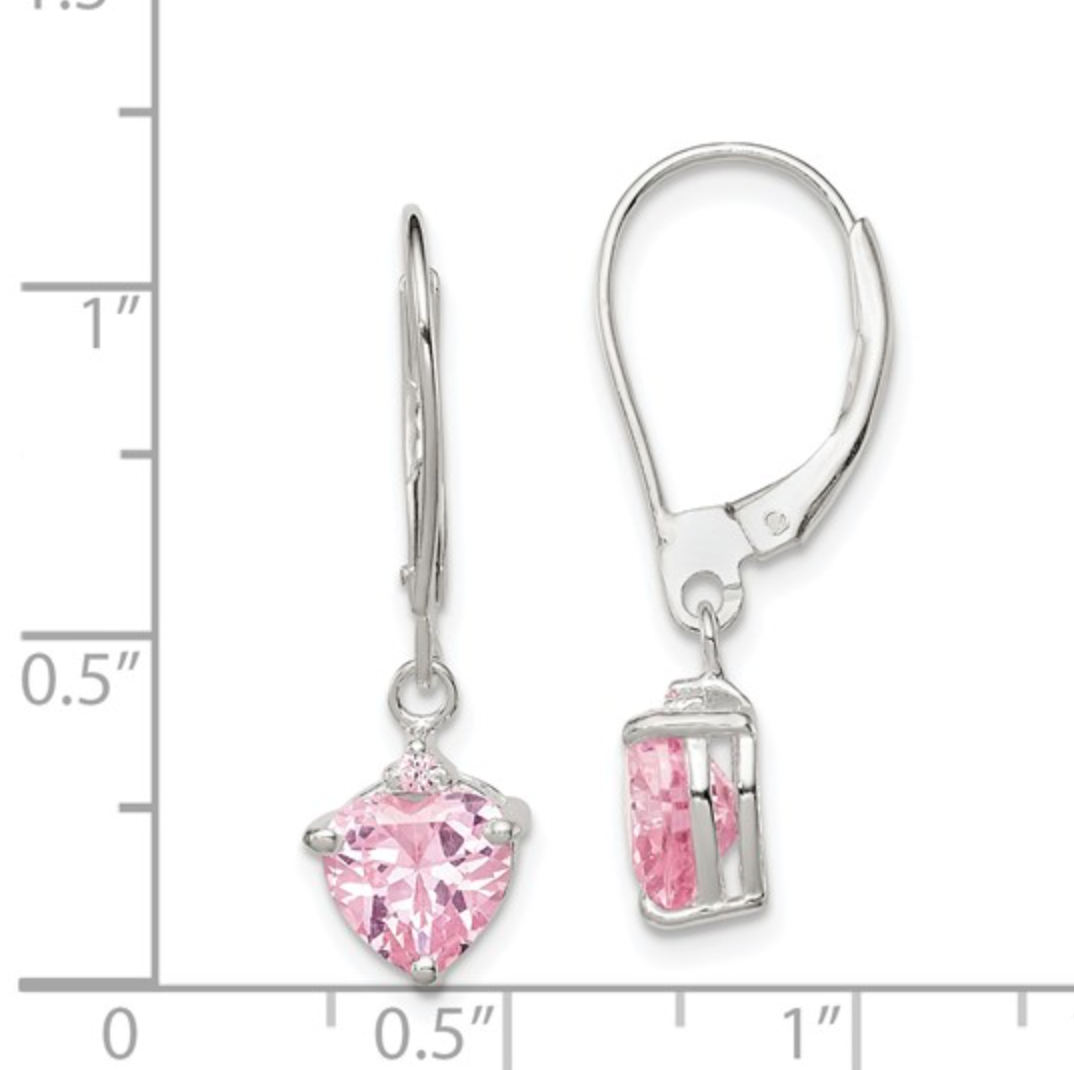 925 Sterling Silver Polished Pink CZ Heart Leverback Dangle Earrings — 28mm