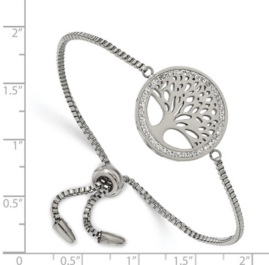 Stainless Steel Polished Preciosa Crystal Tree of Life Adjustable Bracelet