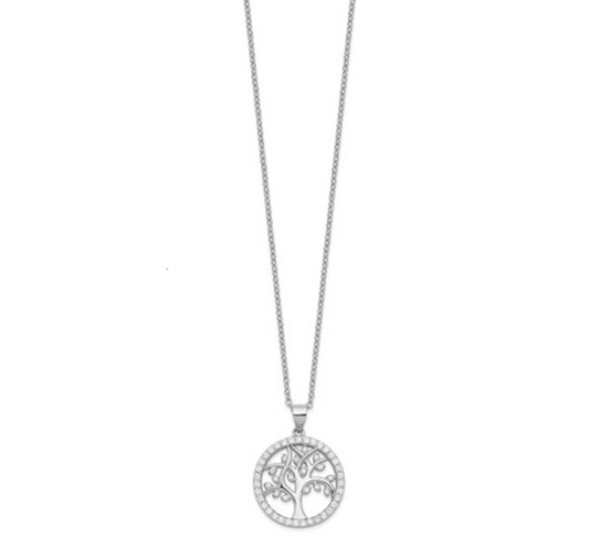 Cheryl M 925 Sterling Silver Rhodium Brilliant-Cut CZ Tree of Life Necklace — 18 Inches