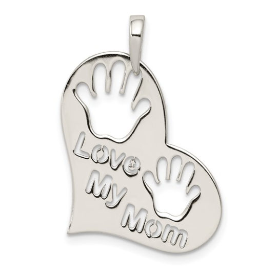 925 Sterling Silver Polished "Love My Mom" Heart Pendant