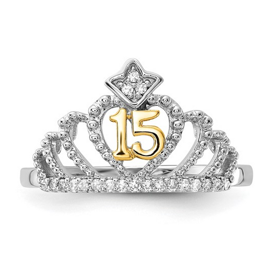 10K Two-Tone Diamond “15” Quinceañera Crown Ring (0.10 CT)