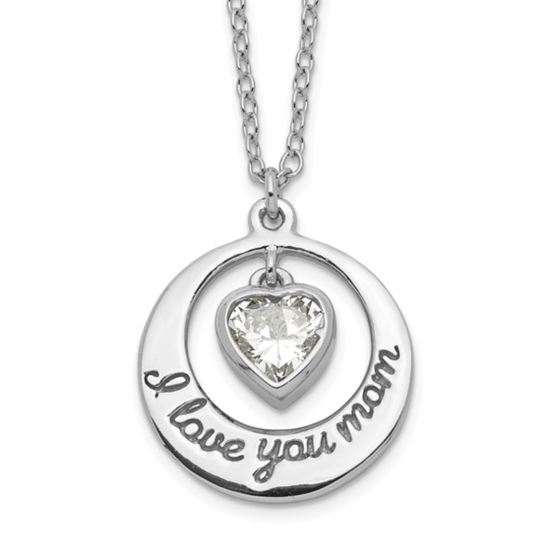 925 Sterling Silver Rhodium "I Love You Mom" CZ Heart Dangle Necklace — 15"+2" Extension