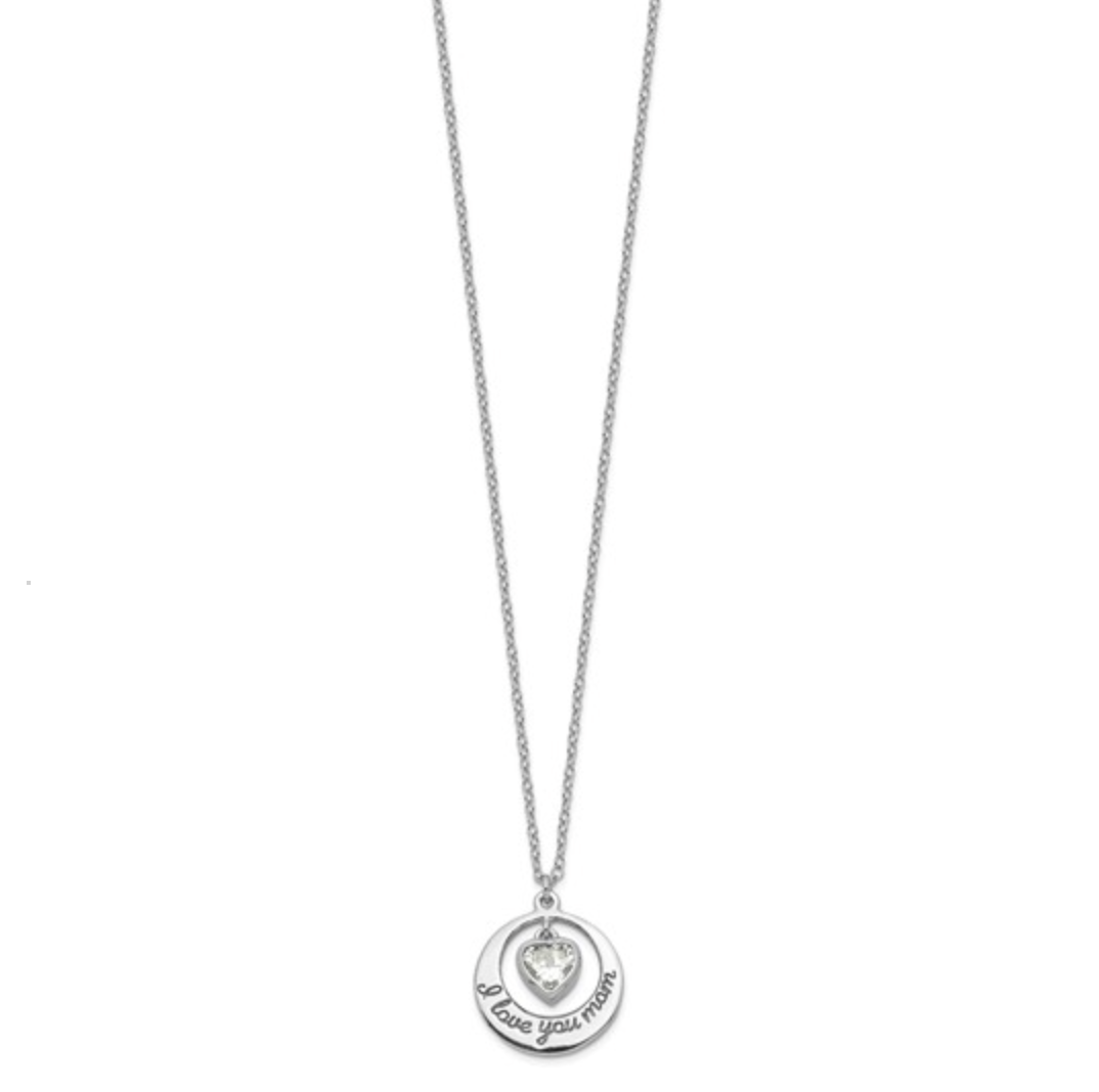 925 Sterling Silver Rhodium "I Love You Mom" CZ Heart Dangle Necklace — 15"+2" Extension