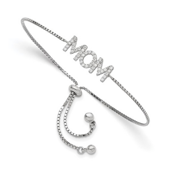 925 Sterling Silver Rhodium Pavé CZ "MOM" Adjustable Bracelet