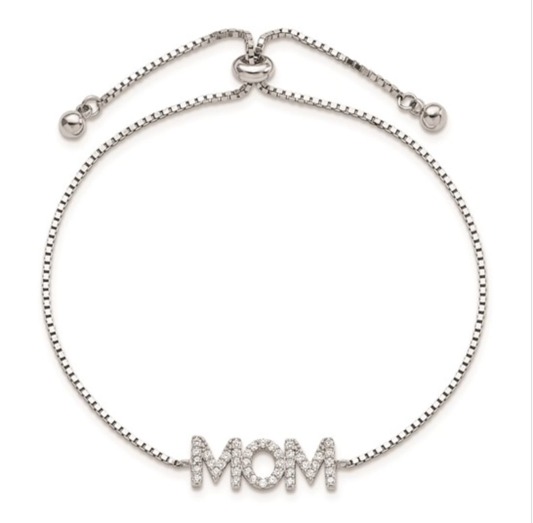 925 Sterling Silver Rhodium Pavé CZ "MOM" Adjustable Bracelet