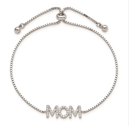 925 Sterling Silver Rhodium Pavé CZ "MOM" Adjustable Bracelet
