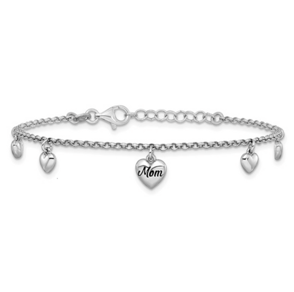 925 Sterling Silver Rhodium Black Enamel "Mom" Puffed Heart Charm Bracelet — 6.5"+0.75" Extension
