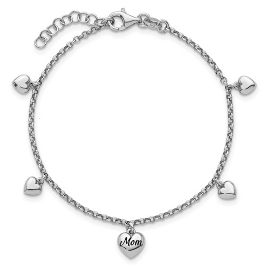 925 Sterling Silver Rhodium Black Enamel "Mom" Puffed Heart Charm Bracelet — 6.5"+0.75" Extension