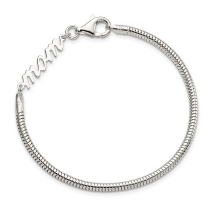 925 Sterling Silver Cursive "mom" Snake Chain Bracelet — 7.5 Inches