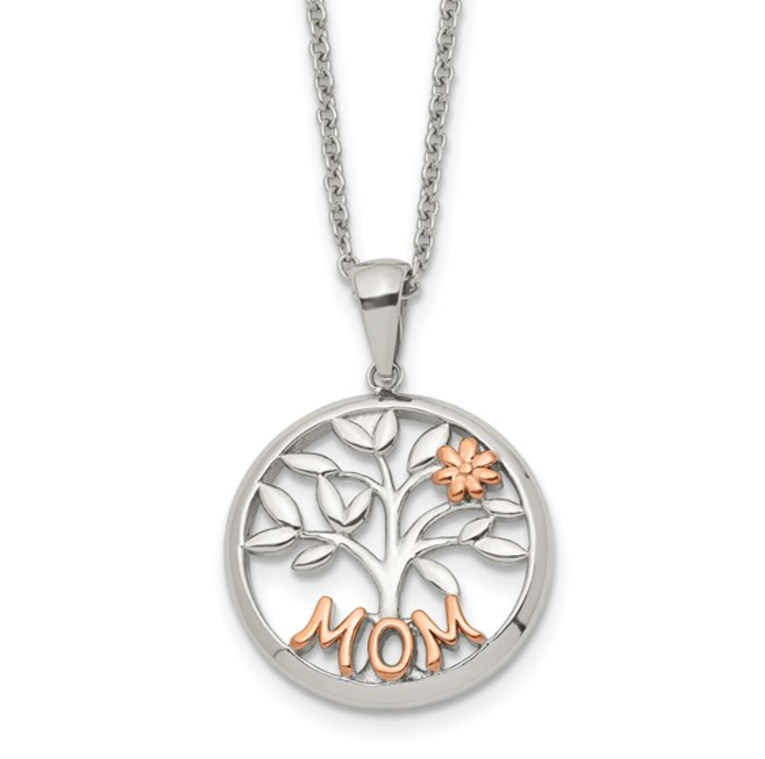 Stainless Steel Rose Gold IP "MOM" Tree of Life Pendant Necklace — 20"+2" Extension