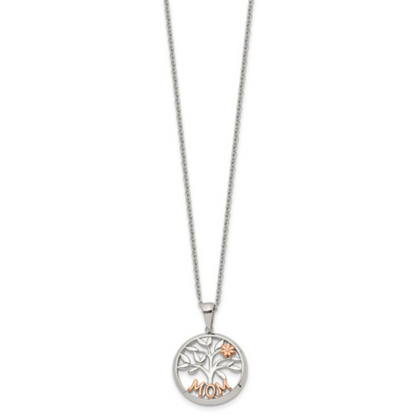 Stainless Steel Rose Gold IP "MOM" Tree of Life Pendant Necklace — 20"+2" Extension