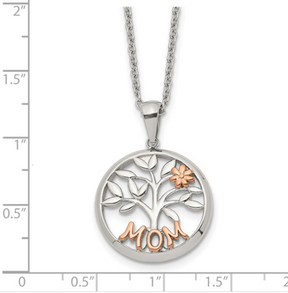 Stainless Steel Rose Gold IP "MOM" Tree of Life Pendant Necklace — 20"+2" Extension