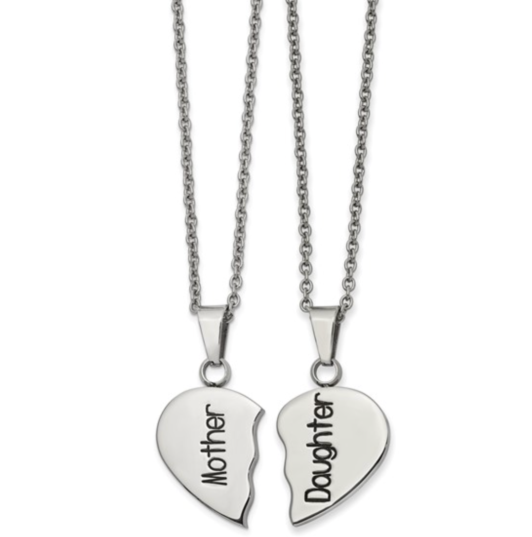 Stainless Steel Polished Enamel "Mother & Daughter" Split Heart Necklace Set — 2 Pieces