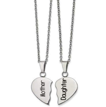 Stainless Steel Polished Enamel "Mother & Daughter" Split Heart Necklace Set — 2 Pieces