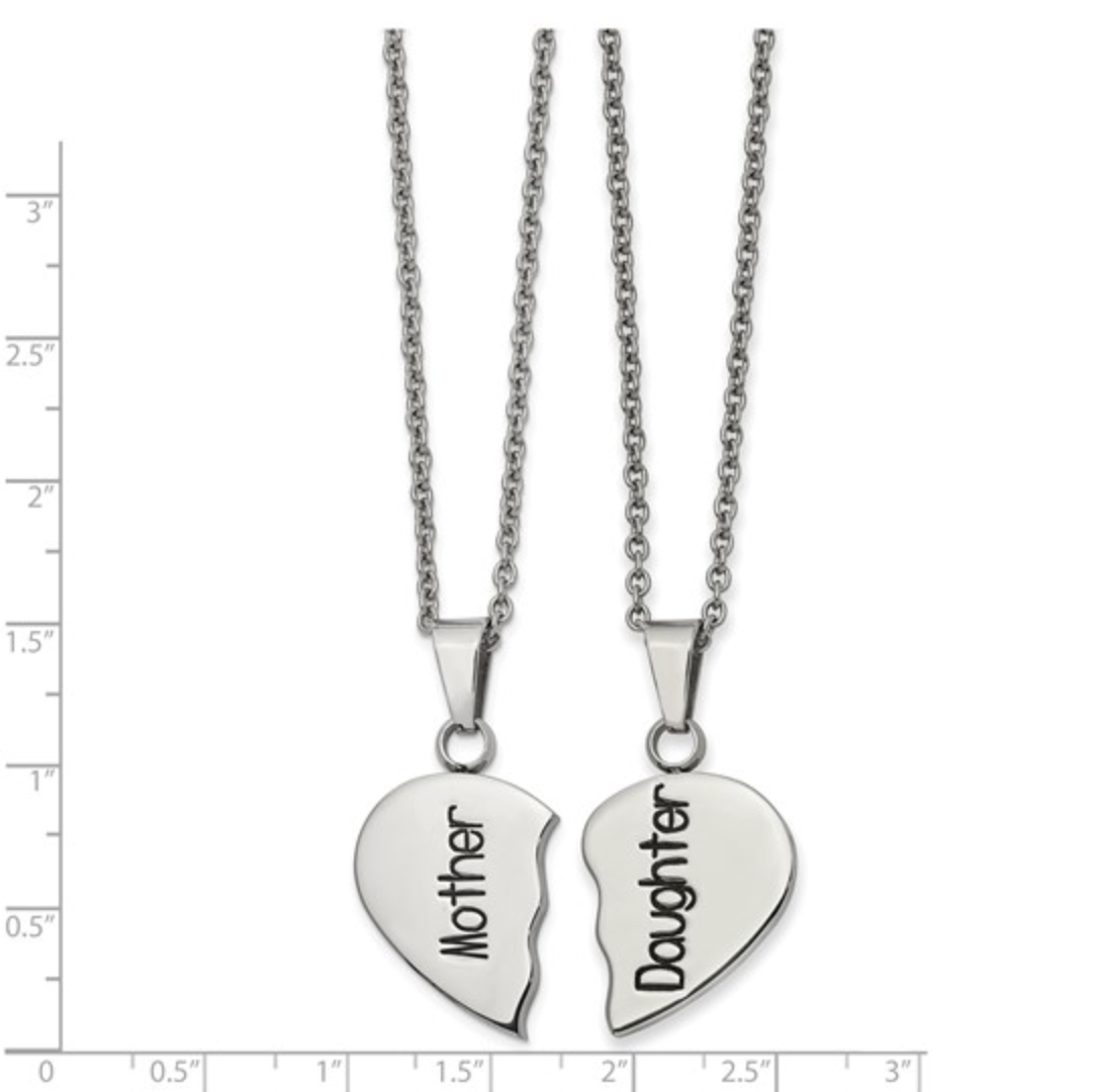 Stainless Steel Polished Enamel "Mother & Daughter" Split Heart Necklace Set — 2 Pieces