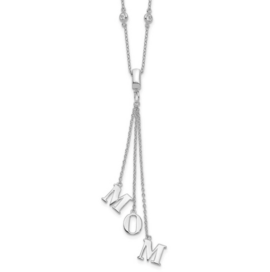 925 Sterling Silver Rhodium CZ "MOM" Dangle Letter Y-Necklace — 18"+2" Extension