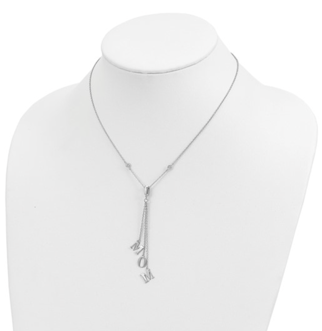 925 Sterling Silver Rhodium CZ "MOM" Dangle Letter Y-Necklace — 18"+2" Extension