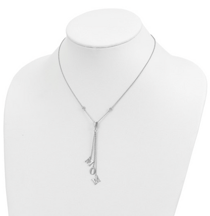 925 Sterling Silver Rhodium CZ "MOM" Dangle Letter Y-Necklace — 18"+2" Extension