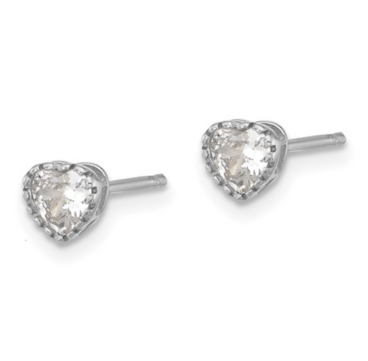 925 Sterling Silver Rhodium Polished CZ Heart Stud Earrings