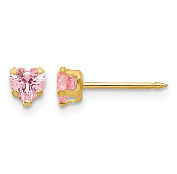 14K Yellow Gold Pink Heart CZ Stud Earrings — 4mm | Inverness