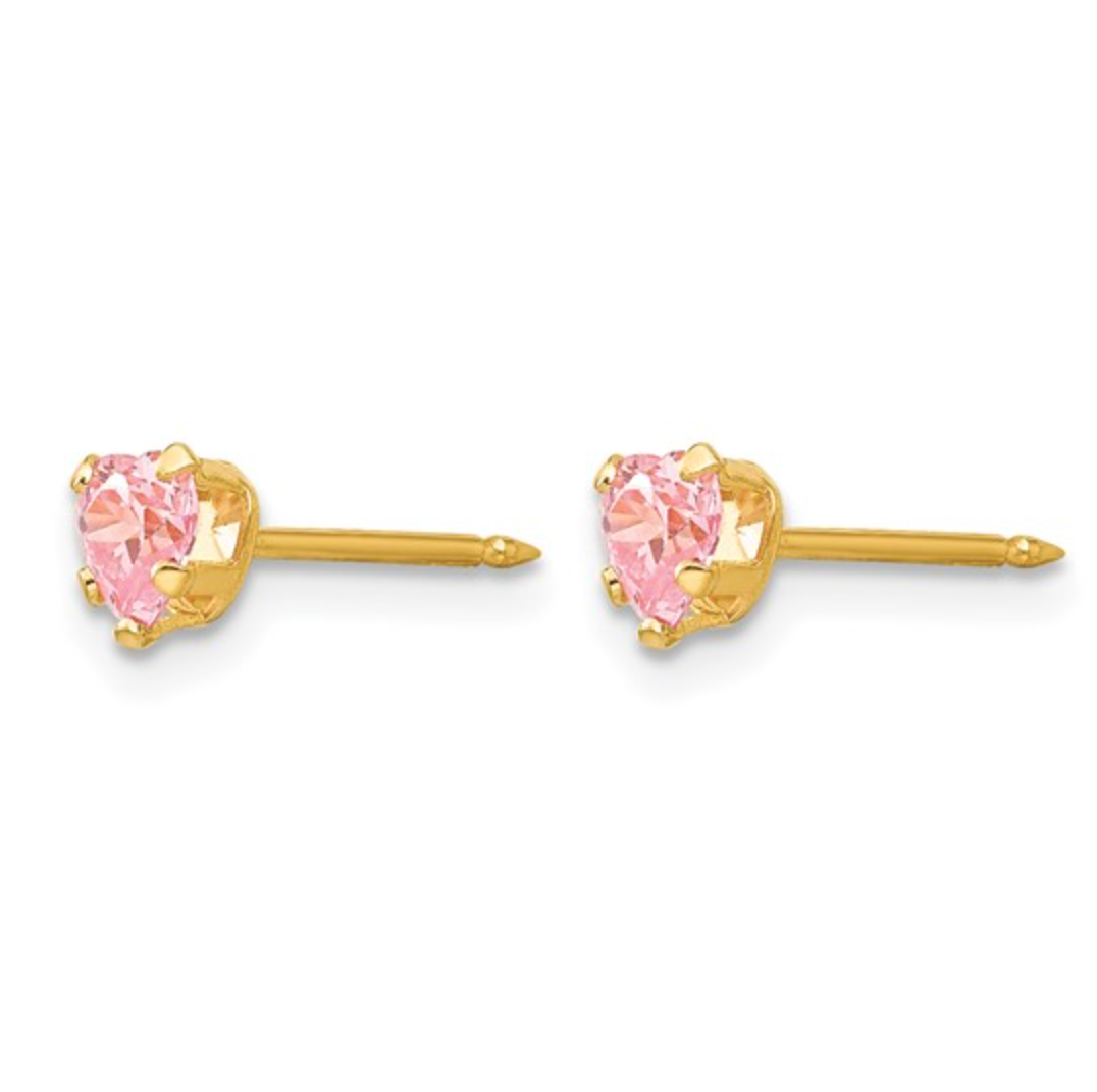 14K Yellow Gold Pink Heart CZ Stud Earrings — 4mm | Inverness