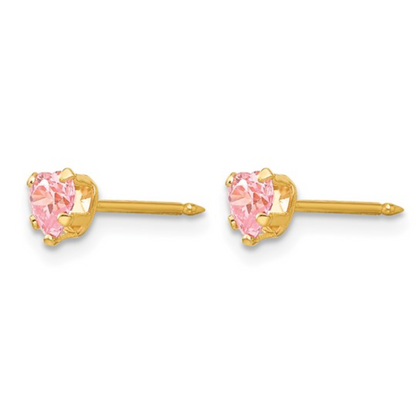 14K Yellow Gold Pink Heart CZ Stud Earrings — 4mm | Inverness