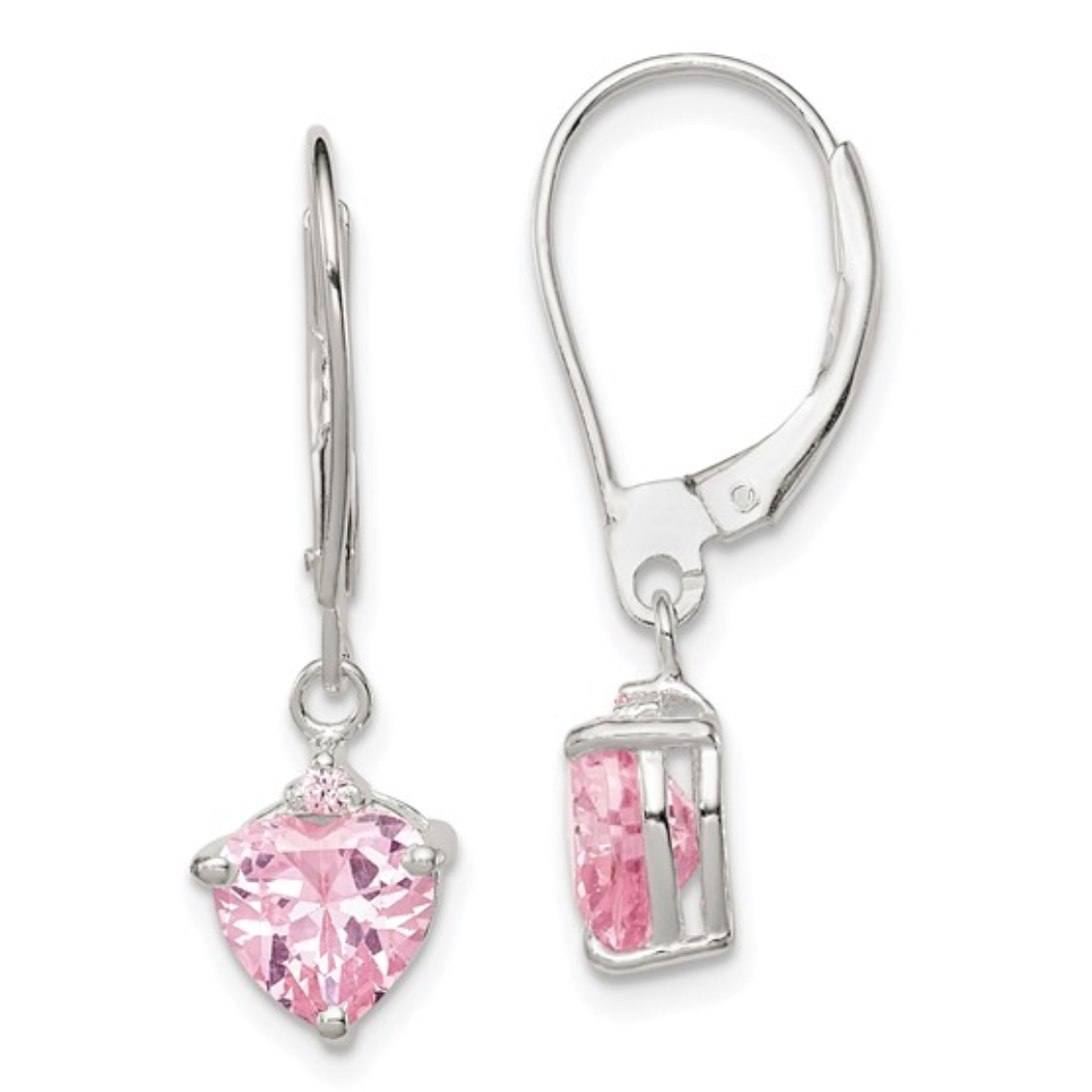 925 Sterling Silver Polished Pink CZ Heart Leverback Dangle Earrings — 28mm