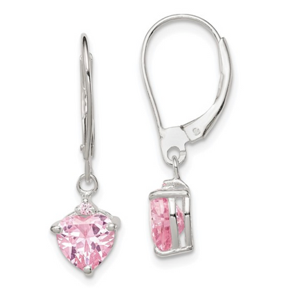 925 Sterling Silver Polished Pink CZ Heart Leverback Dangle Earrings — 28mm