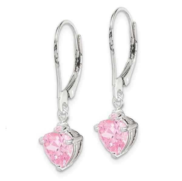925 Sterling Silver Polished Pink CZ Heart Leverback Dangle Earrings — 28mm