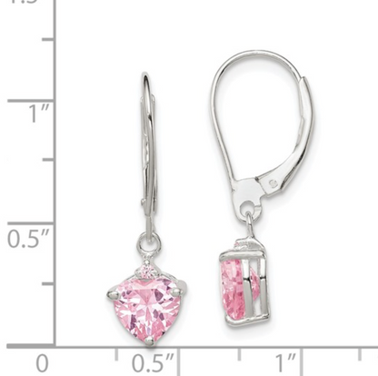 925 Sterling Silver Polished Pink CZ Heart Leverback Dangle Earrings — 28mm