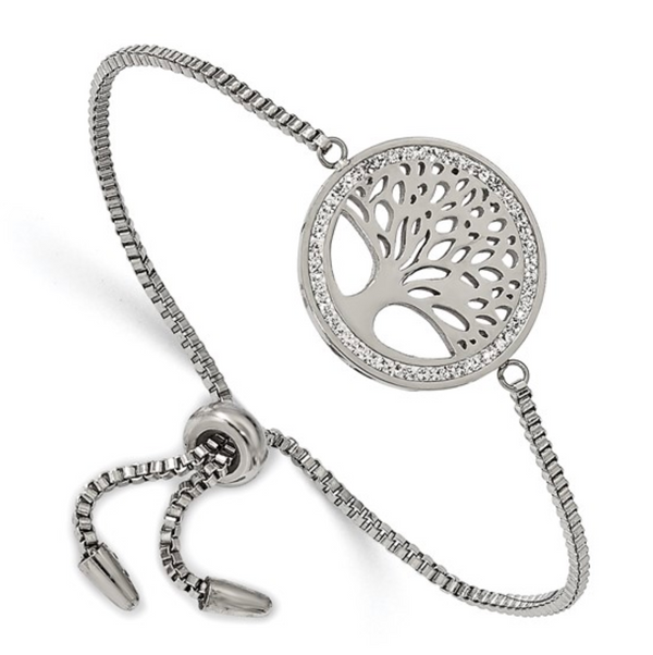 Stainless Steel Polished Preciosa Crystal Tree of Life Adjustable Bracelet
