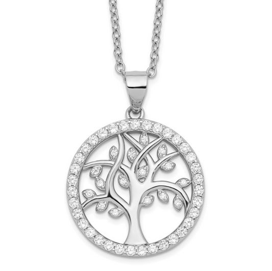 Cheryl M 925 Sterling Silver Rhodium Brilliant-Cut CZ Tree of Life Necklace — 18 Inches
