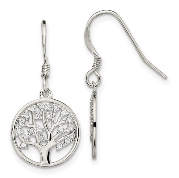 925 Sterling Silver Rhodium CZ Tree of Life Dangle Shepherd Hook Earrings — 27mm