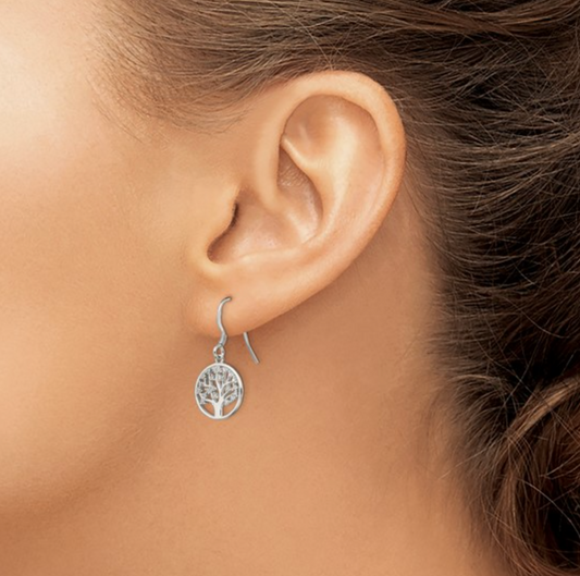 925 Sterling Silver Rhodium CZ Tree of Life Dangle Shepherd Hook Earrings — 27mm