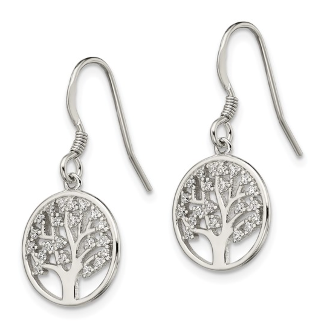 925 Sterling Silver Rhodium CZ Tree of Life Dangle Shepherd Hook Earrings — 27mm