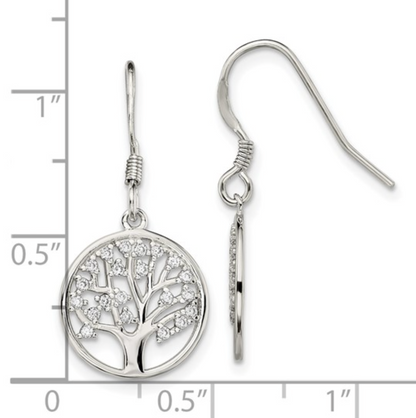 925 Sterling Silver Rhodium CZ Tree of Life Dangle Shepherd Hook Earrings — 27mm