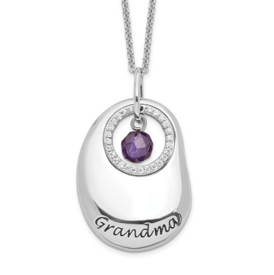 925 Sterling Silver Rhodium Antiqued CZ "Grandma" Pendant Necklace with Purple Stone — 18 Inches