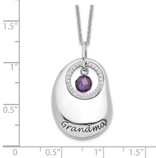 925 Sterling Silver Rhodium Antiqued CZ "Grandma" Pendant Necklace with Purple Stone — 18 Inches