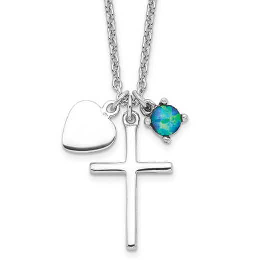 925 Sterling Silver Rhodium Created Blue Opal Cross Pendant Necklace — 18 Inches