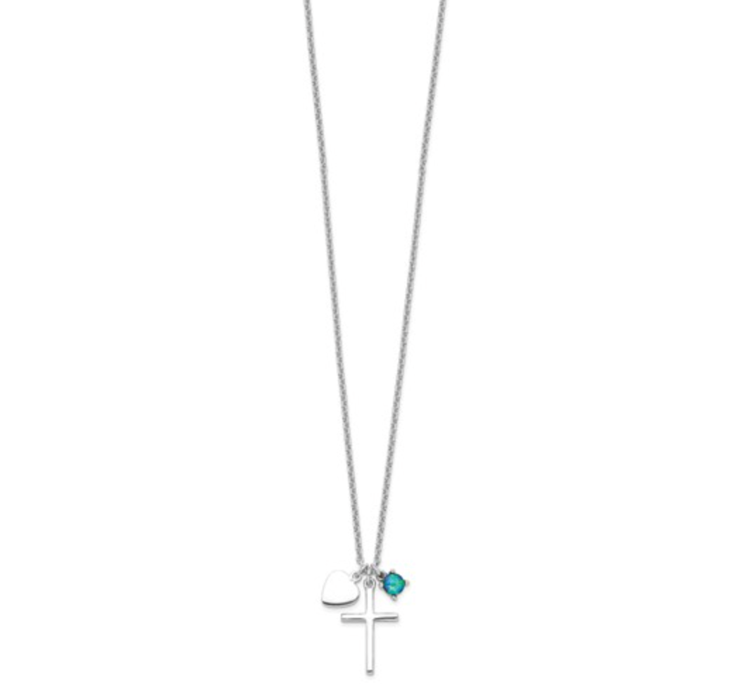 925 Sterling Silver Rhodium Created Blue Opal Cross Pendant Necklace — 18 Inches