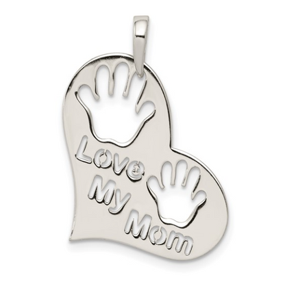 925 Sterling Silver Polished "Love My Mom" Heart Pendant